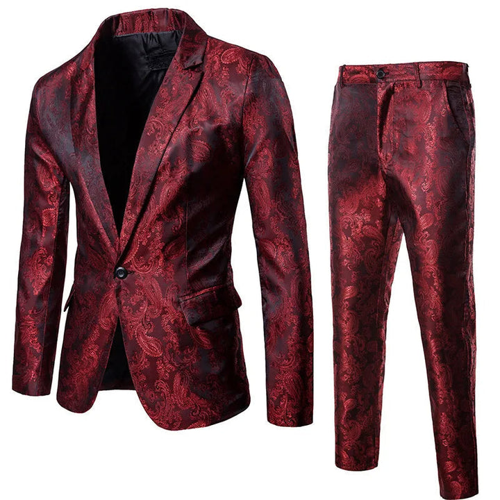 Elegant men's two-piece slim fit jacquard suit. Sophisticated blazer & trousers for weddings, evening wear, or formal parties.