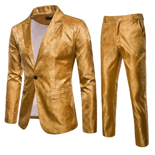 Modern men's slim fit jacquard blazer & trousers suit set. Perfect formal wear for sophisticated events & special occasions.