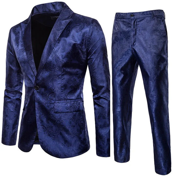 Dapper men's slim fit jacquard suit set. Two-piece blazer & trousers, ideal for elegant formal wear & fashion statements.