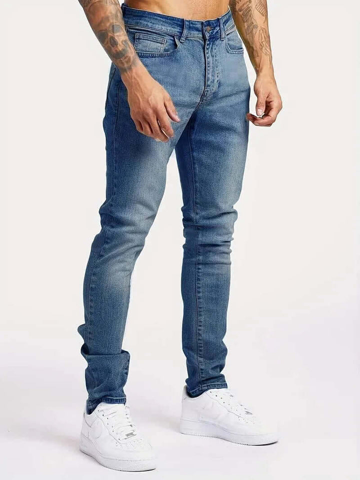 Sleek men's slim-fit jeans, combining tailored style with all-day comfort.