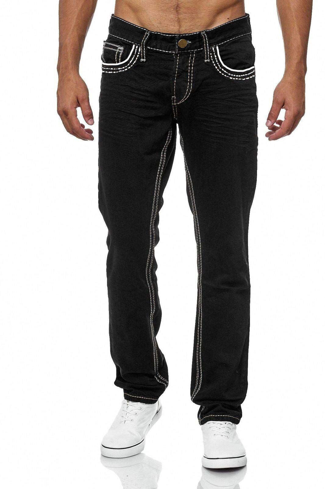 Pair of blue men's denim jeans with a vintage, used-style appearance.