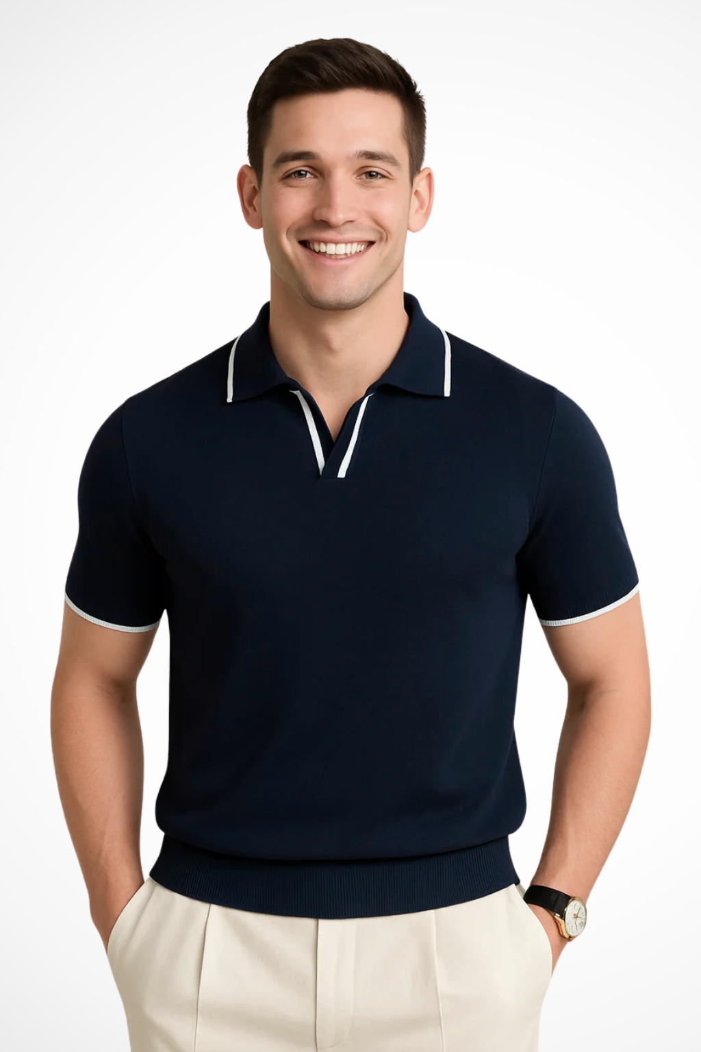 Men's slim fit knit polo shirt with contrasting trim, short sleeves and v-neck.