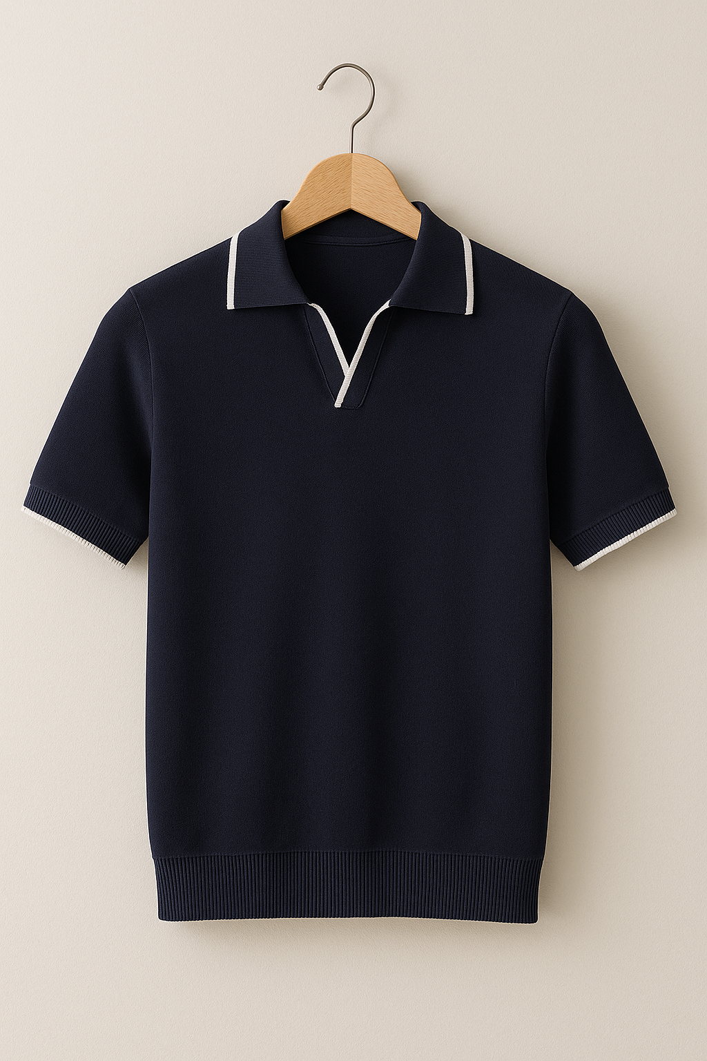 Sporty style men's short sleeve knit polo shirt featuring a sharp contrast trim detail.
