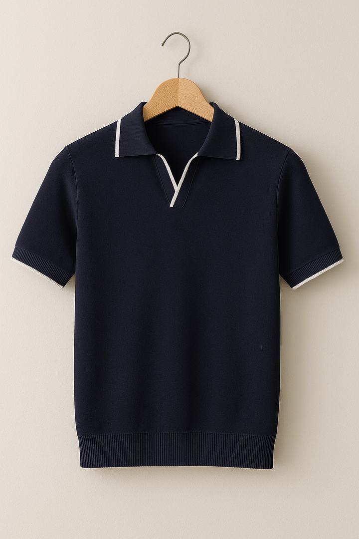 Sporty style men's short sleeve knit polo shirt featuring a sharp contrast trim detail.