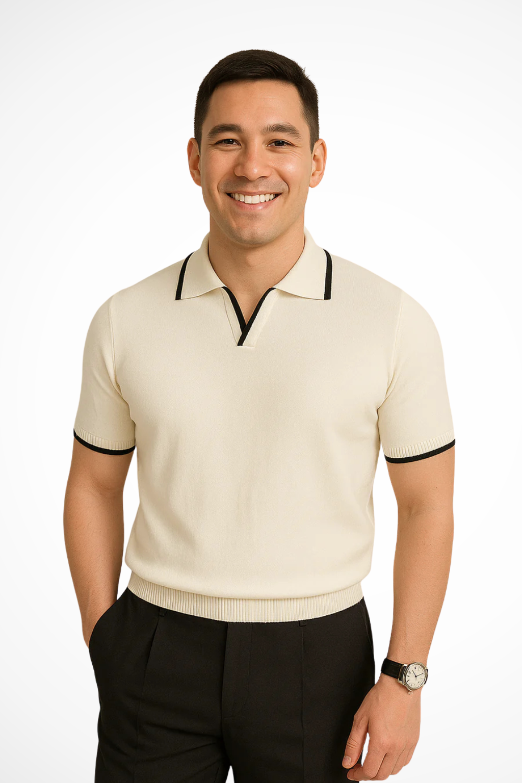 Smart casual V-neck polo shirt for men, crafted from a comfortable knit fabric.