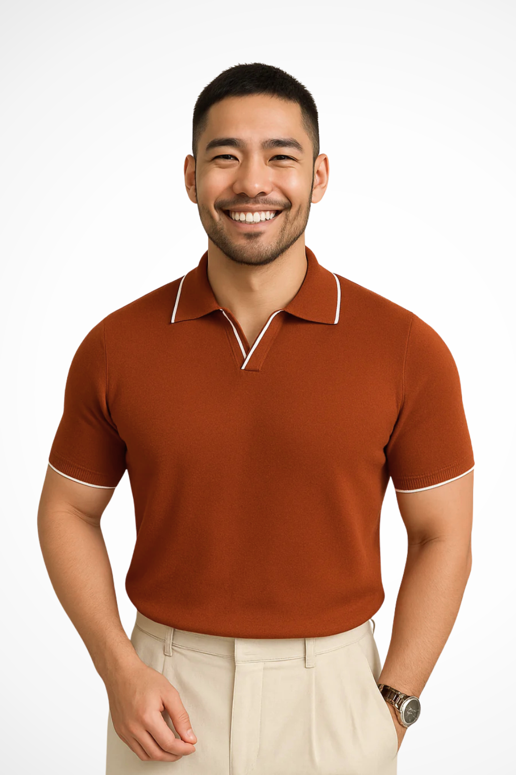 Model wearing a men's slim fit knit polo shirt with eye-catching contrast trim.