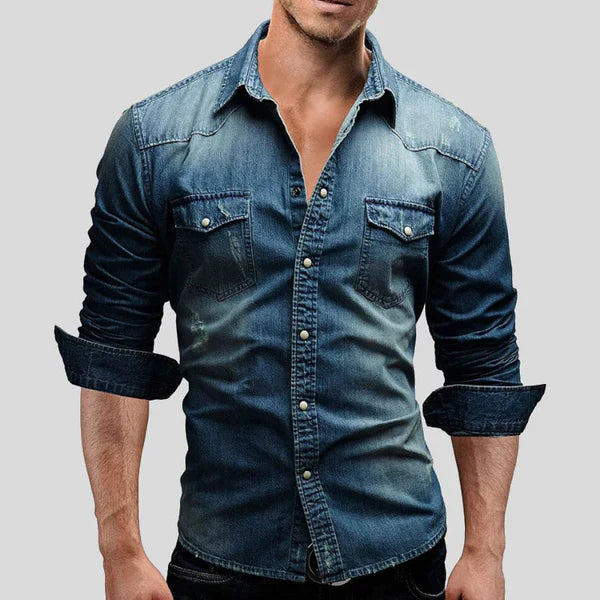Stylish dark blue men's casual wear button-up denim shirt, long sleeve slim fit.