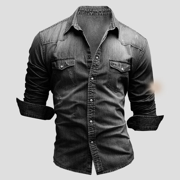 Black slim fit men's denim shirt, a versatile long sleeve button-up casual overshirt.