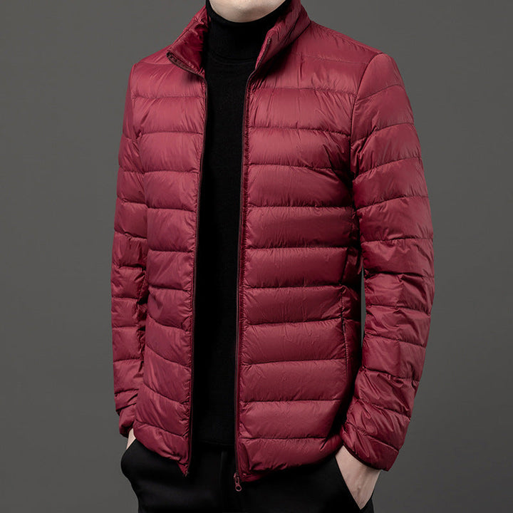 Men's warm slim-fit puffer jacket with stand collar & quilted design, perfect casual winter wear.