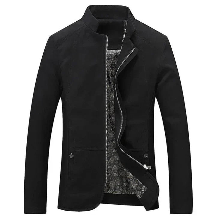Comfortable men's slim-fit lightweight zip jacket with a stylish band collar; ideal for everyday fall fashion.