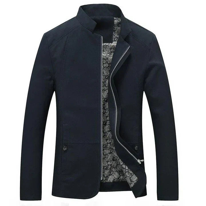 Versatile men's lightweight zip-up jacket. Slim-fit, band collar. Great casual outerwear for spring & fall.
