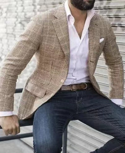 Model posing in a light grey men's slim fit blazer, perfect for weddings