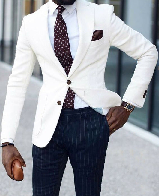 Casual styling of a men's slim fit blazer paired with a t-shirt