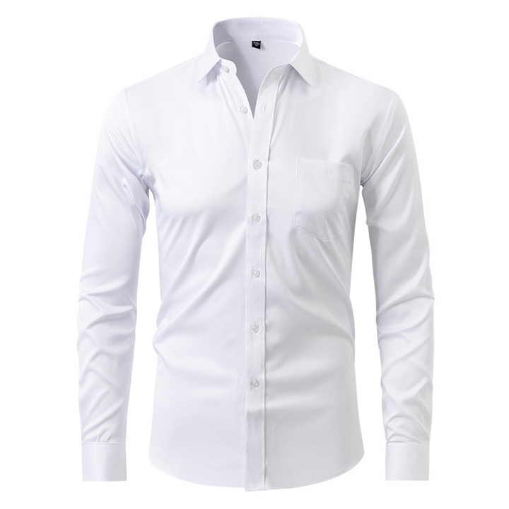 Modern men's long sleeve slim fit dress shirt, versatile for office wear and smart casual occasions.