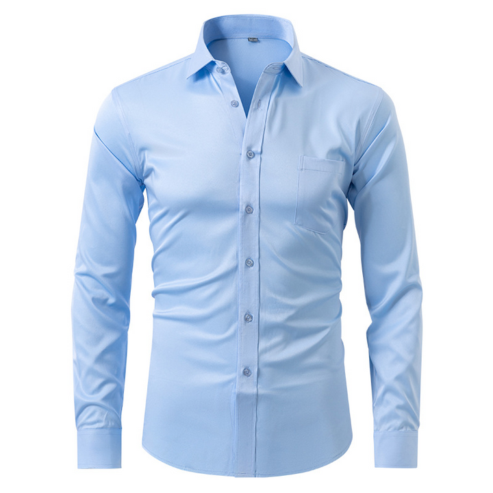Classic men's collared slim fit dress shirt, offering sophisticated style for formal and business settings.
