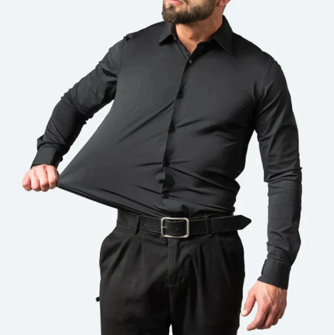 Comfortable men's long-sleeve button-down dress shirt with a modern slim fit, ideal for menswear style.
