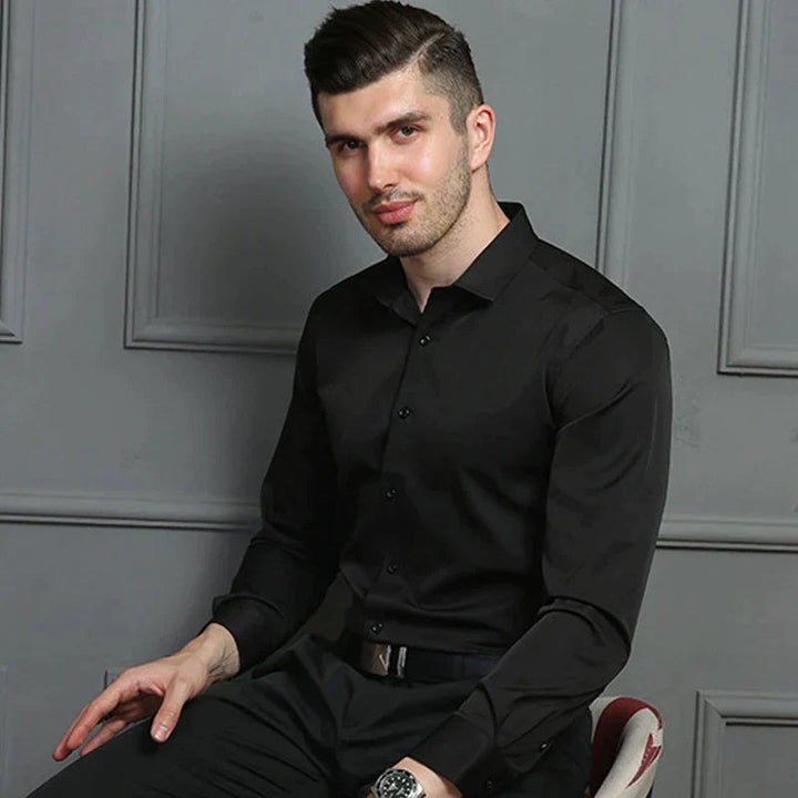 Versatile men's slim-fit dress shirt, long sleeve button-down, suitable for formal, office, or smart business casual.