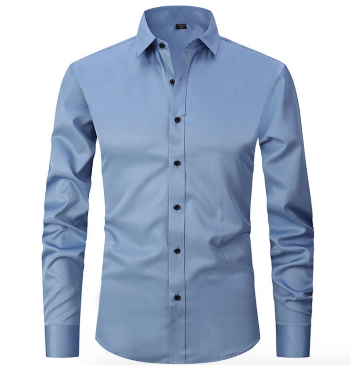 Modern men's slim-fit long-sleeve dress shirt, designed for comfort and style in formal or office environments.