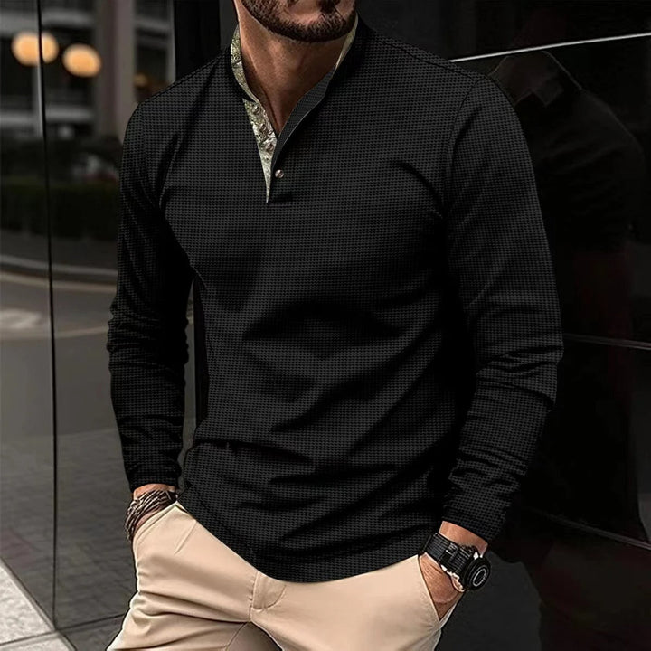 Men's slim-fit long sleeve Henley shirt in a modern style, ideal for casual and everyday wear. Mandarin collar detail.