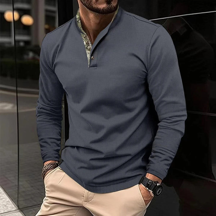 Stylish men's long sleeve Henley shirt with a slim fit, perfect for versatile everyday fashion. Modern casual top.