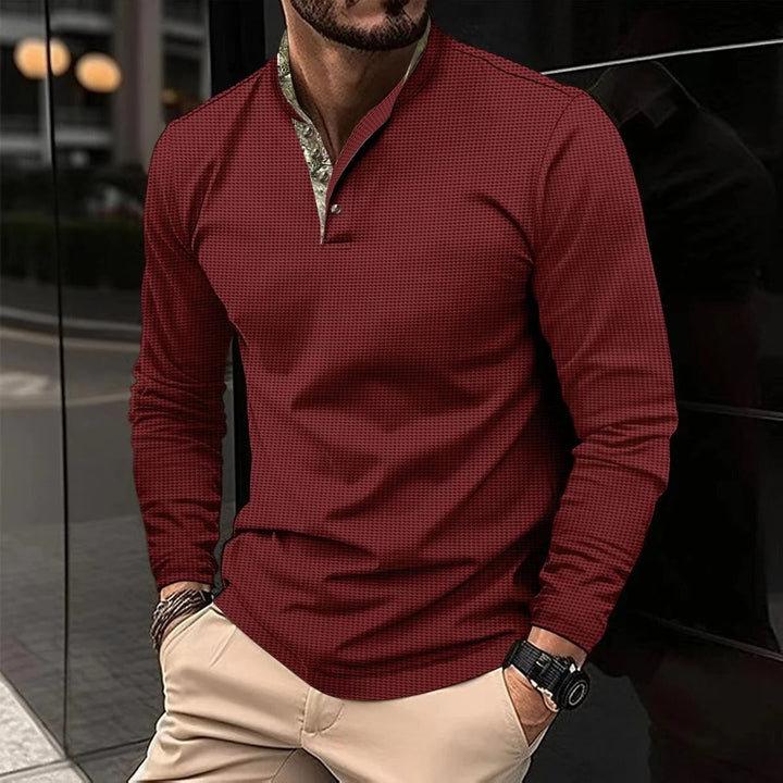 Modern men's slim-fit long sleeve Henley shirt featuring a trendy mandarin collar. Great for stylish casual wear.
