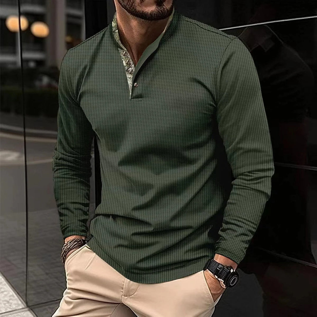 Casual men's long sleeve Henley shirt with a comfortable slim fit. A stylish and versatile top for modern men's fashion.