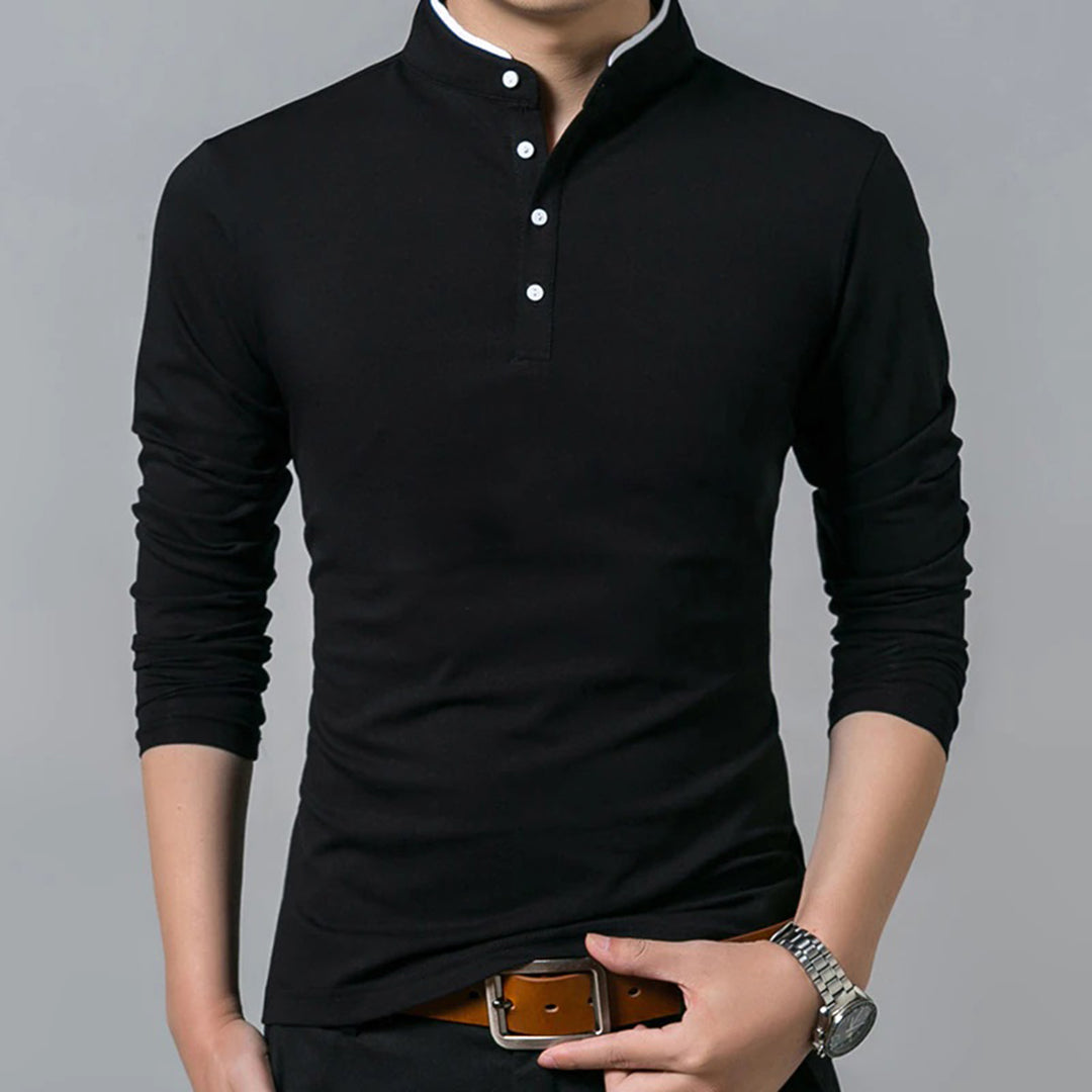 Men's slim-fit long sleeve polo shirt with mandarin collar & button placket. Modern, versatile style for smart casual wear.