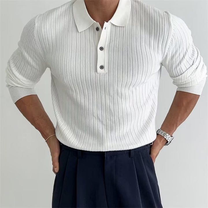 Men's slim fit long sleeve polo shirt with ribbed texture, ideal for smart casual or autumn fashion.