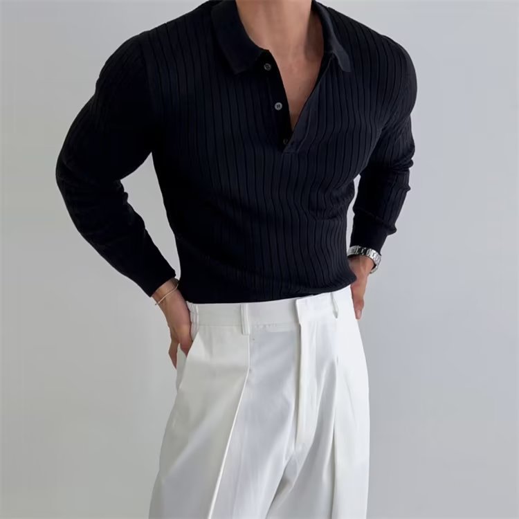 Versatile men's long sleeve ribbed polo shirt. Slim fit, perfect for autumn/winter smart casual menswear.