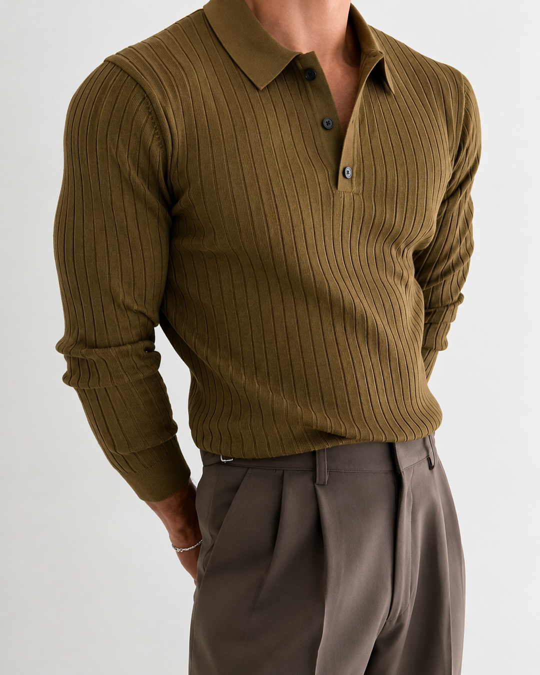 Button-down men's slim fit ribbed long sleeve polo shirt, a casual yet smart top for modern menswear.