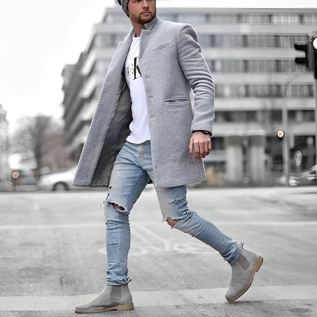Men's slim-fit mid-length overcoat with stylish stand collar, perfect for fall fashion.