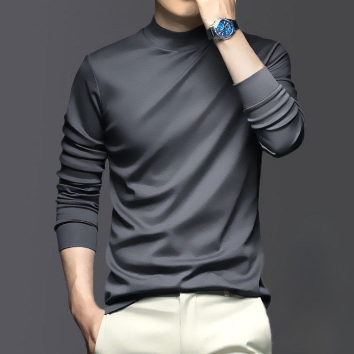 Comfortable men's slim-fit mock neck long sleeve t-shirt, ideal for everyday wear & layering.