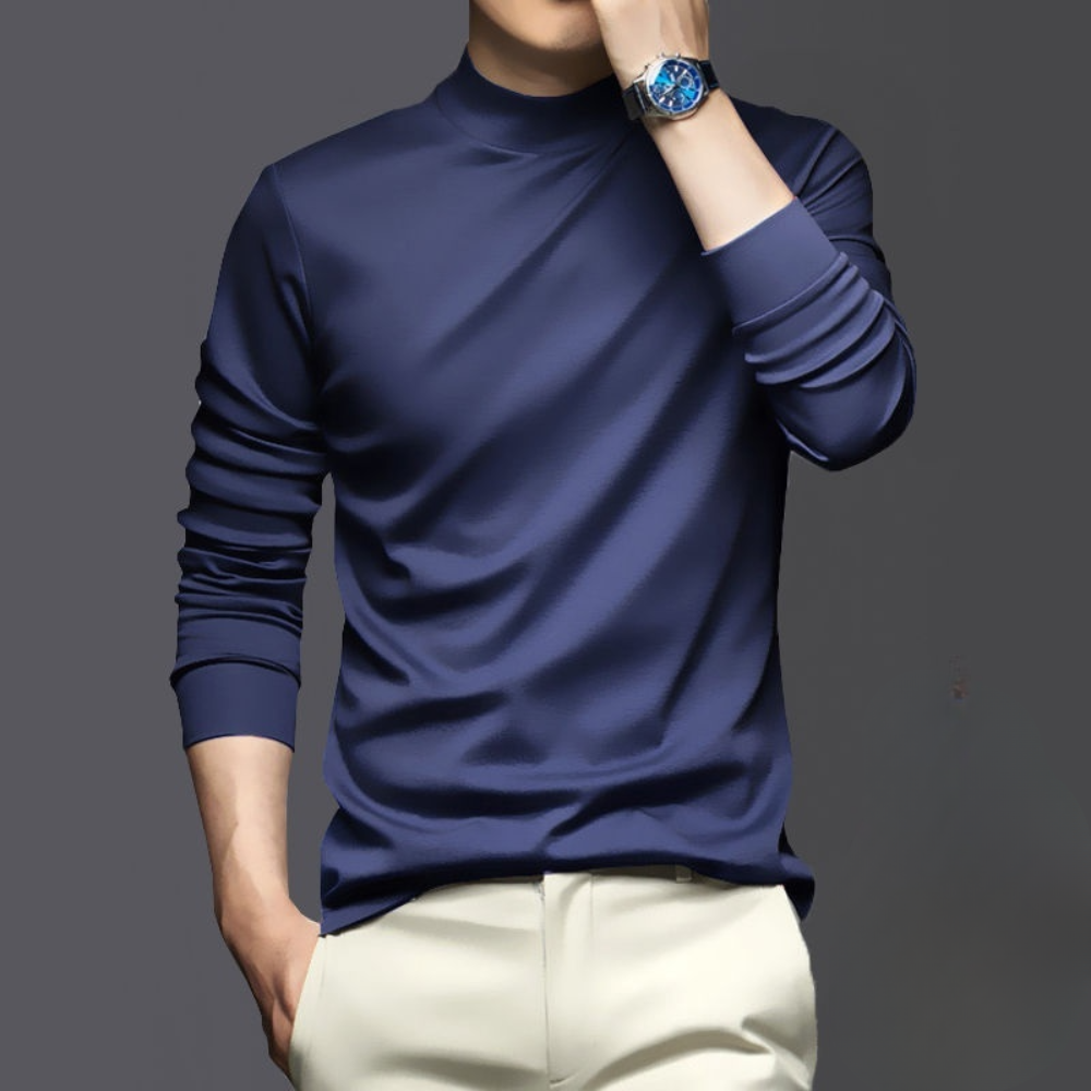 Stylish men's slim-fit long sleeve mock neck top, offering a sophisticated look for any occasion.