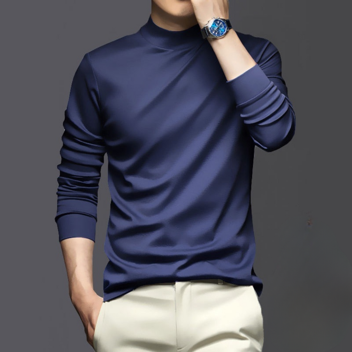 Stylish men's slim-fit long sleeve mock neck top, offering a sophisticated look for any occasion.