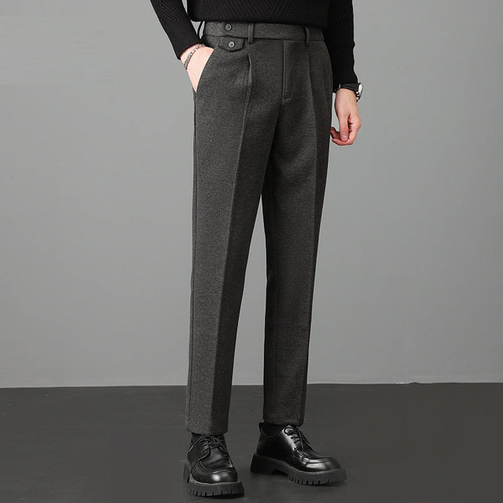 Rear view of men's slim fit dress pants, highlighting the sleek tailored silhouette and comfortable design for men.