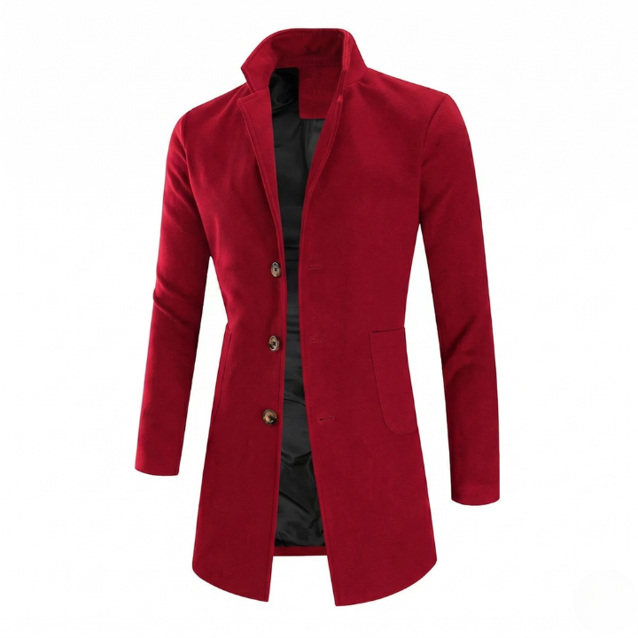 Men's slim fit overcoat, a long winter coat with a sophisticated stand collar, perfect for fall outerwear.