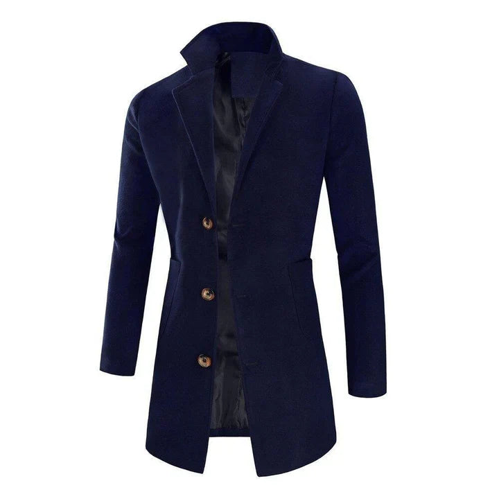 Elegant men's slim fit long overcoat featuring a stylish stand collar, ideal for formal business attire.