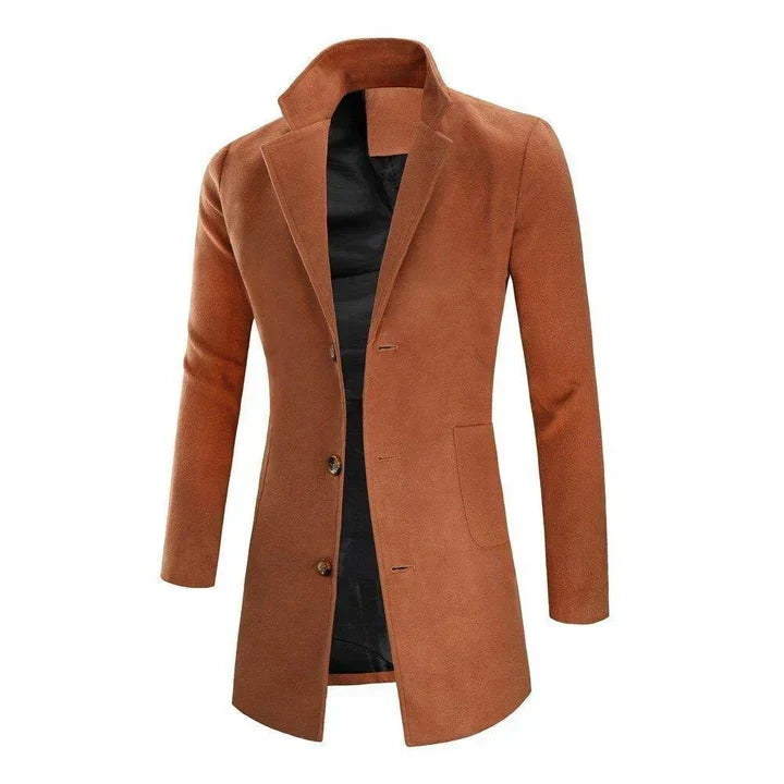 Classic men's winter overcoat, slim fit and long, with a stand collar, offering a refined and elegant look.