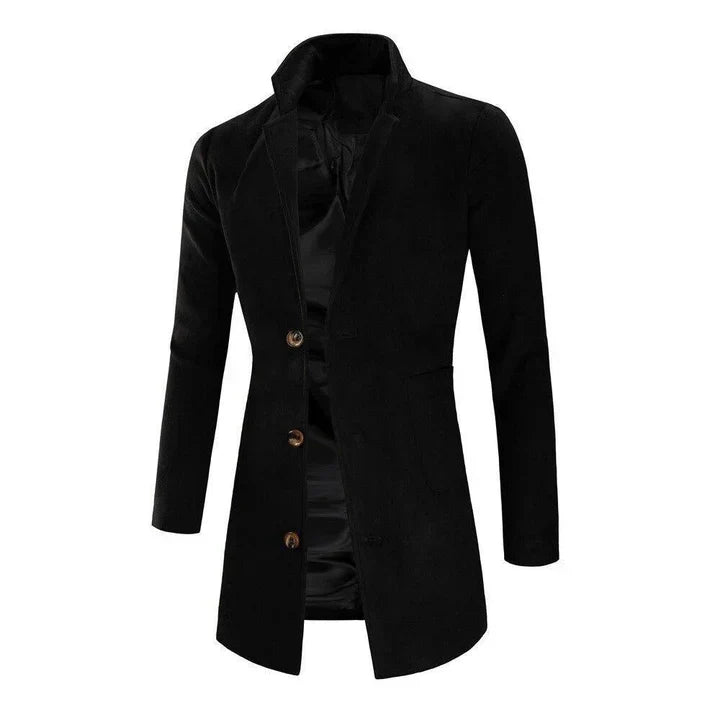 Stylish men's long overcoat, slim fit with a stand collar, perfect for cold weather and business fashion.