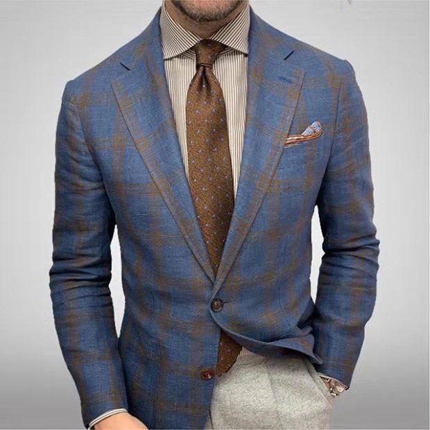 Men's slim fit plaid blazer with notch lapel. Stylish formal/casual jacket for men's fashion.
