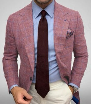Sophisticated men's slim fit plaid blazer with a classic notch lapel, perfect for business or smart casual.