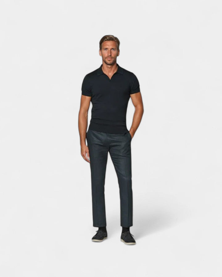 Breathable men's slim fit short sleeve polo shirt, perfect for summer casual or smart casual outfits.