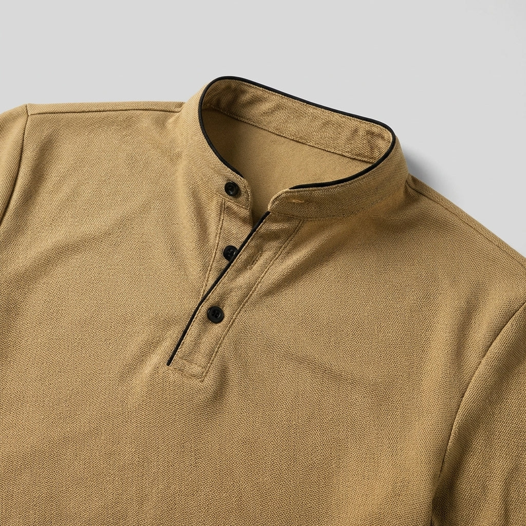Short sleeve men's polo shirt, slim fit with unique mandarin collar. Perfect for modern, casual fashion.