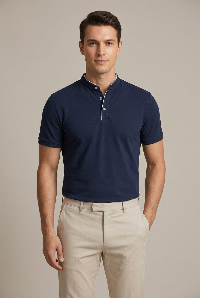 Elegant men's short sleeve polo featuring a mandarin collar and a flattering slim fit. Everyday modern style.