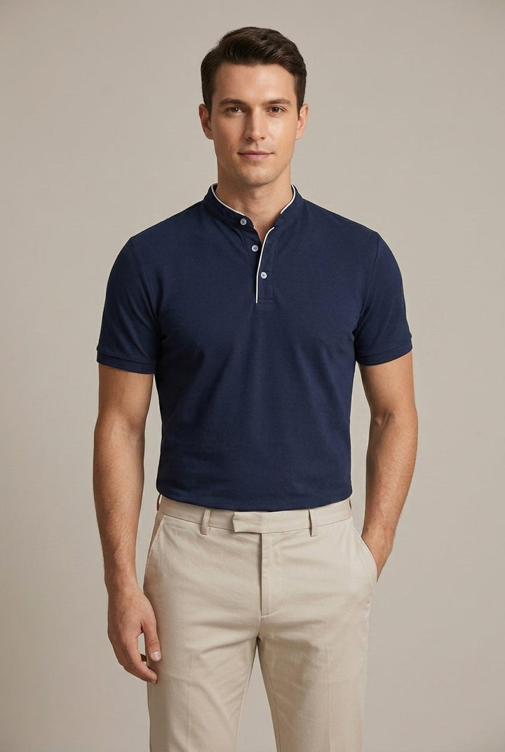 Elegant men's short sleeve polo featuring a mandarin collar and a flattering slim fit. Everyday modern style.