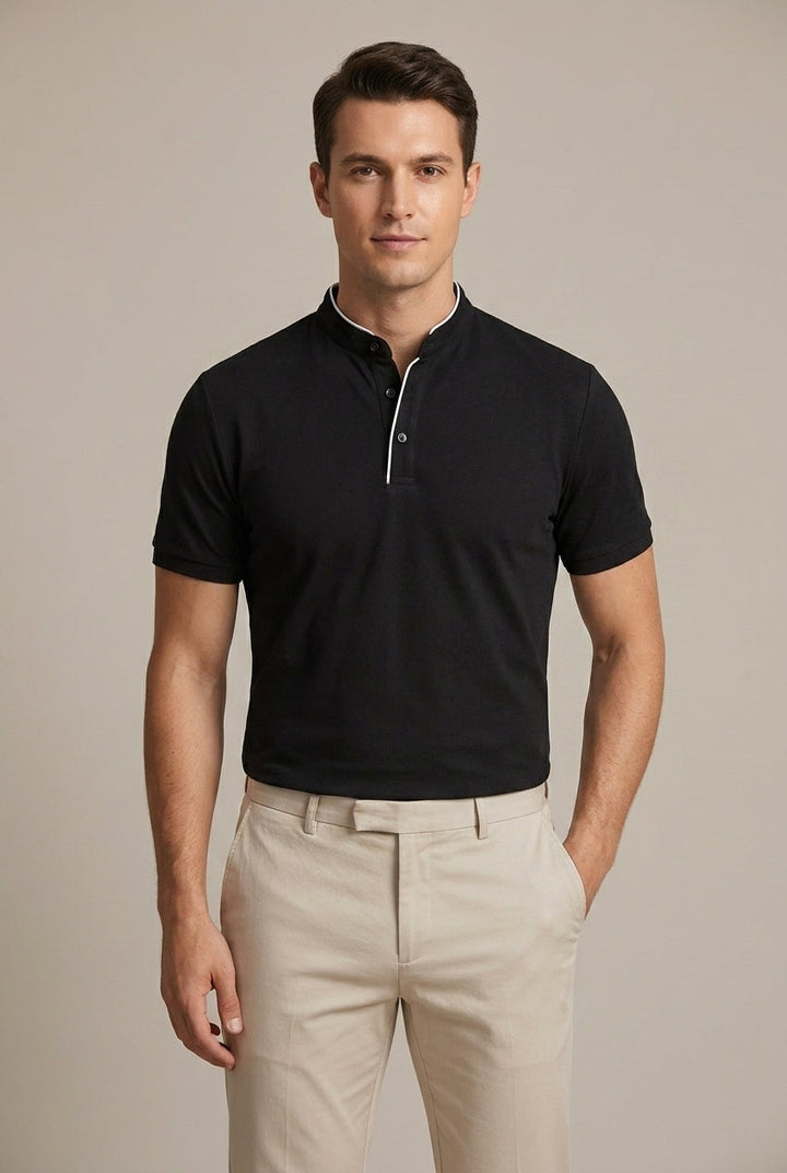 Summer men's slim fit polo shirt with a cool mandarin collar. Short sleeve, perfect for casual or smart-casual fashion.