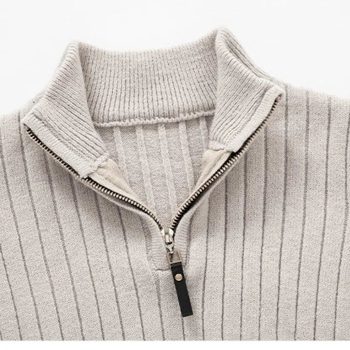 Stylish men's slim fit quarter-zip pullover sweater with stand collar, perfect for modern layering.