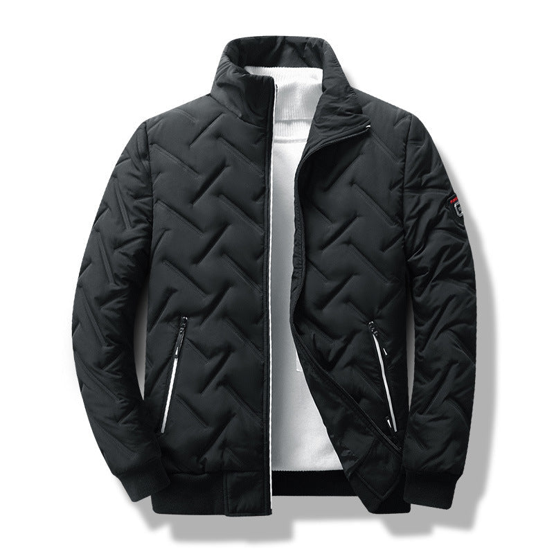 Men's slim fit quilted jacket with chevron pattern, stand collar & zipper closure. Stylish fall/winter outerwear.