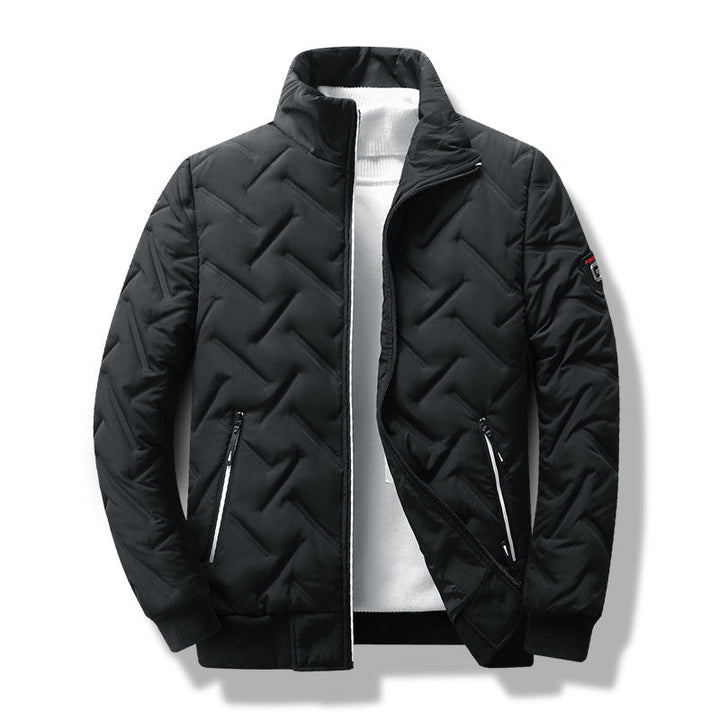Men's slim fit quilted jacket with chevron pattern, stand collar & zipper closure. Stylish fall/winter outerwear.