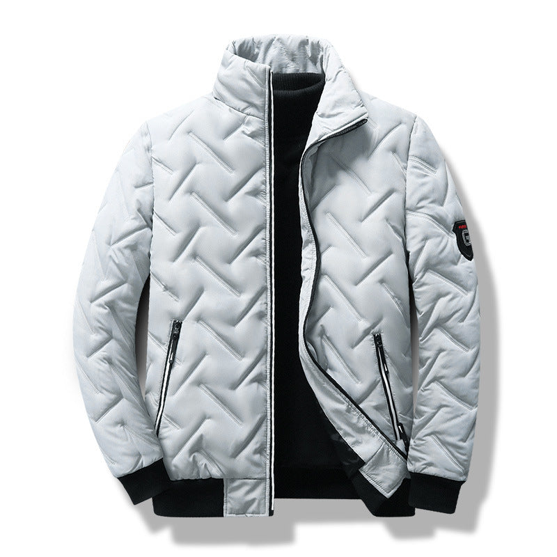 Stylish men's quilted jacket featuring a chevron pattern, stand collar, and full zipper. Modern slim fit menswear.